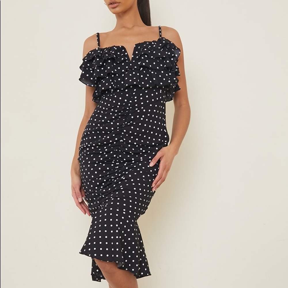 PLT Black Polka Dot Ruffle Detail Gathered Front Midi Dress- Size 6